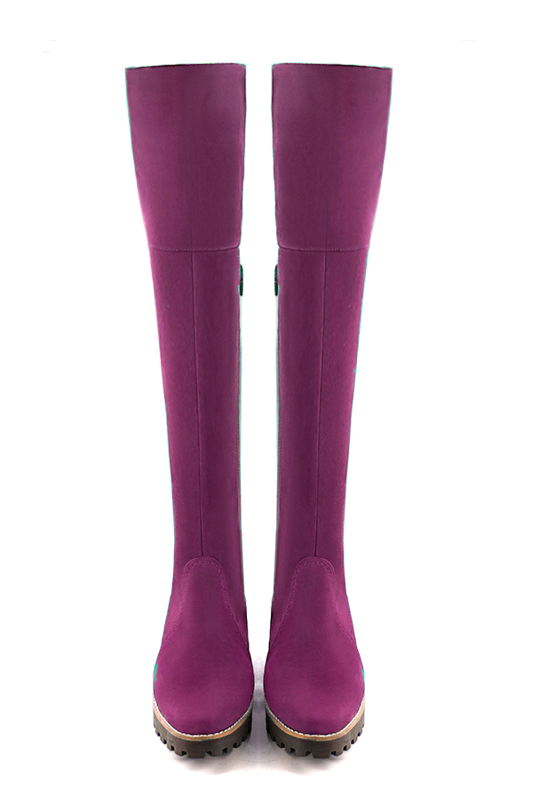 Mulberry purple women's leather thigh-high boots. Round toe. Low rubber soles. Made to measure. Top view - Florence KOOIJMAN